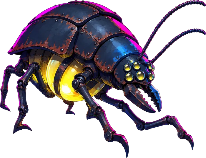 Clatterbug kecil mirip kumbang besi merayap di celah dinding batu, perut kacanya berpendar kuning.